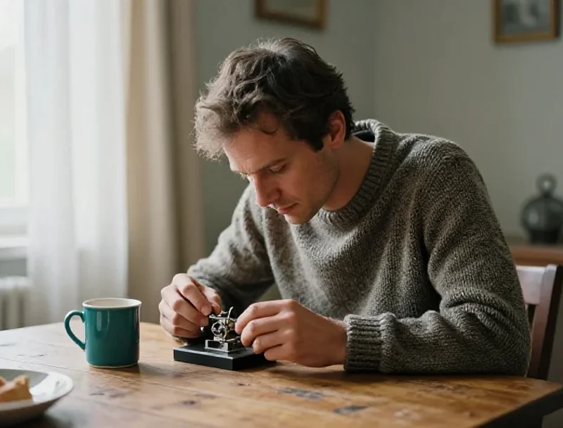 Un homme analyse avec curiosité un objet quotidien, illustrant la réflexion et l'observation.